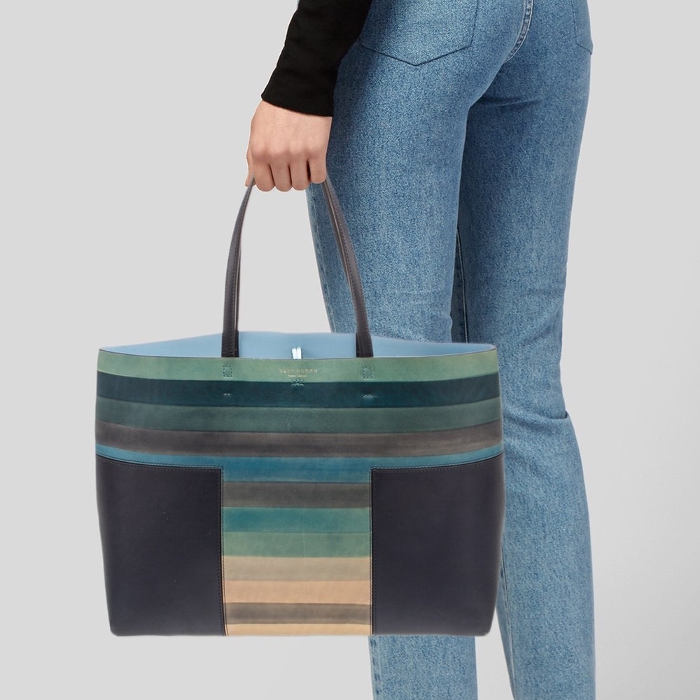 Tory Burch Multicolor Striped Leather Tote with Navy Panels